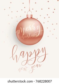 Vector modern Merry christmas and Happy New Year card with lettering. Pink gold metal ball. Light background with a fir branches and confetti