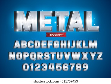 Vector of modern metallic font and alphabet