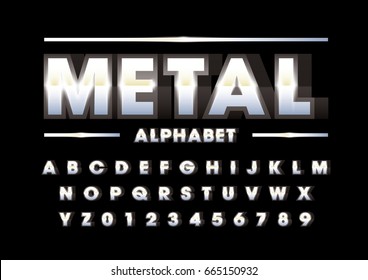 Vector of modern metallic font and alphabet