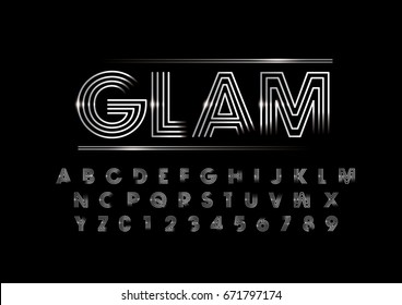 Vector of modern metallic font and alphabet