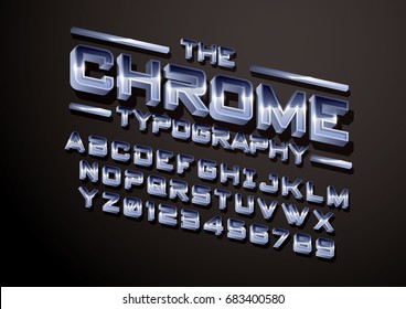 Vector of modern metallic font and alphabet