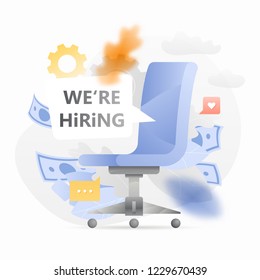 Vector modern metaphoric illustration of a big office chair with 'We're Hiring' words. HR and recruitment concept.