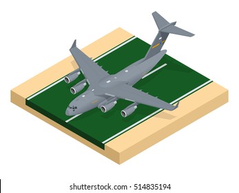 Vector Modern Military Jet For Heavy Cargo. Isometric Plane Performs Strategic Airlift Missions, Transporting Troops And Cargo Throughout The World