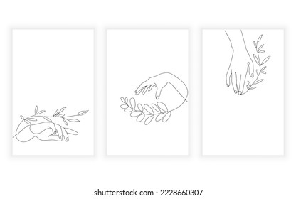 Vector modern minimalism female hand and leaves line art drawning illustration.