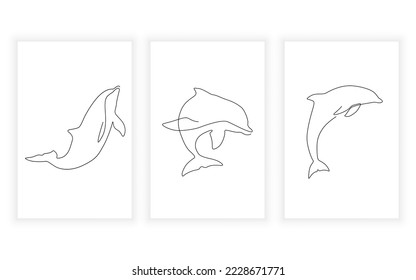Vector modern minimalism set of sea animal fish, dolphin and whale drawning illustration.