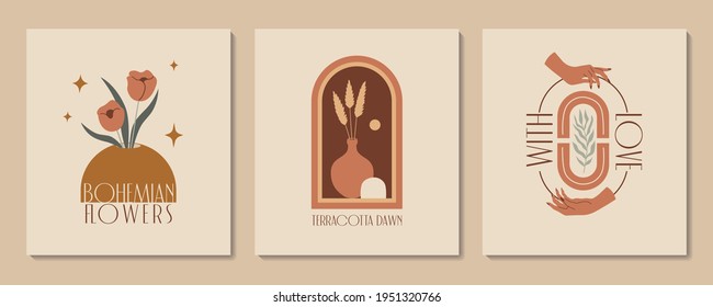 Vector modern minimalist prints. Abstract aesthetic illustration and bohemian contemporary wall art, interior decoration.  Poster with hands, vases, terracotta and plants 