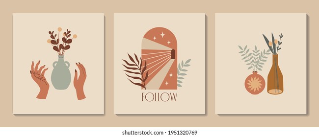 Impresiones minimalistas modernas de vectores. Resumen de ilustración estética y arte mural bohemio contemporáneo, decoración interior.  Afiche con manos, jarrones, arcos y plantas tropicales 