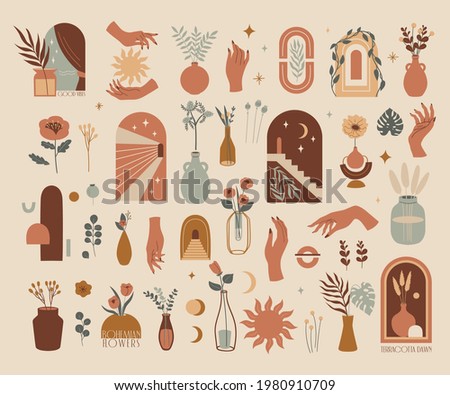 Vector modern minimalist set. Abstract aesthetic illustration and bohemian contemporary art.  Boho collection with hands, vases, flowers, arch, sun, moon and tropic plants.