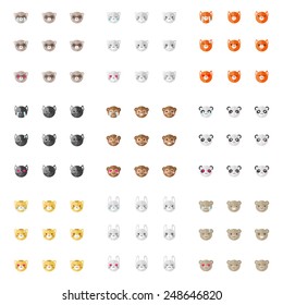 Vector modern minimalistic flat animal emoticons collection. Nine animal emoji heads. Cat, bunny, fox, dog, ferret, monkey, panda, tiger and bear heads with different emotions