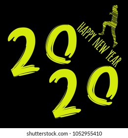 Vector modern minimalistic Happy new year card for 2020 with main big numbers and a runner - dark version with yellow letters