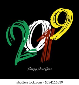 Vector modern minimalistic Happy new year card for 2019 with main big hand written style numbers - dark version