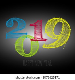 Vector modern minimalistic Happy new year card for 2019 with main big numbers - dark version