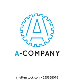 Vector modern minimalistic outline blue A letter logotype. Cogwheel logo.