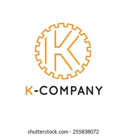 Vector modern minimalistic outline orange K letter logotype. Cogwheel logo.