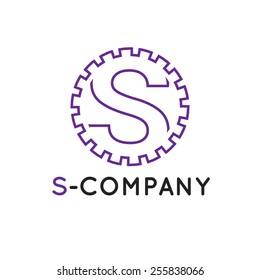 Vector modern minimalistic outline violet S letter logotype. Cogwheel logo.
