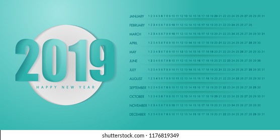 Vector modern minimalistic paper style minimalist calendar 2019. Happy new year 2019 paper style, modern material design for the calendar and diary. Vector 2019 inscription, blue color.