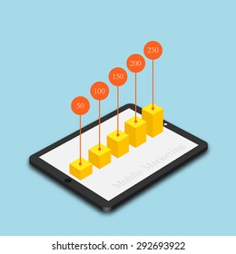 Vector modern mobile marketing background. Computer tablet with graph on blue