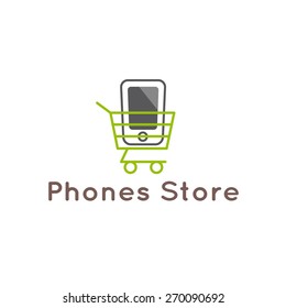 Vector modern mobile phones store logotype. Smartphone in the shopping cart logo.