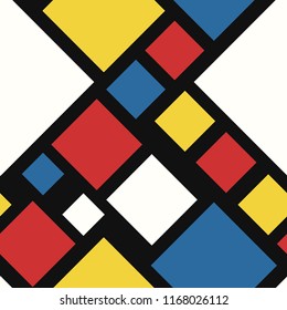 Vector Modern Mondrian Art Style Seamless Pattern On Black