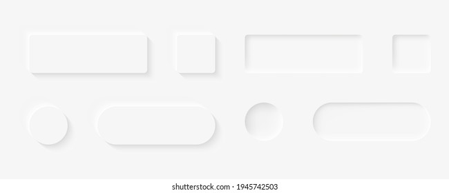 Moderne, neomorphe Vektorknöpfe. Weiße Minimalknöpfe im Neomorphismus weicher 3D-Stil. EPS10