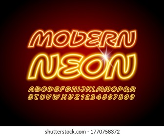 Vector Modern Neon Alphabet set. Creative glowing Font. Electric Letters and Numbers for Sign, Poster, Promo