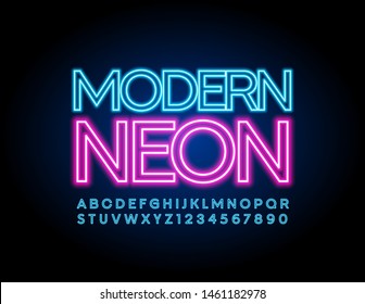 Vector modern Neon Font. Blue glowing Alphabet Letters and Numbers.