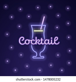 Vector modern neon light cocktail party banner template. Pink glass with straw symbol and bubbles isolated on gradient background. Design pack element for alcoholic beverage menu, ad, restaurant, cafe