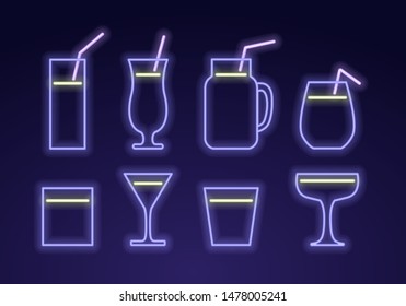Vector modern neon light cocktail icon set. Blue glasses with pink straw and liquid symbol isolated on gradient background. Design pack element for alcoholic beverage menu, ad, restaurant, cafe.