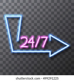 Vector modern neon sign on transparent background. 24 / 7 frame banner. Eps10