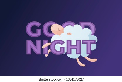 Vector modern night banner template. Trendy style poster about sleep, dream, isomnia, counting sheeps, baby sleep good night wishes. Illustration with jumping sheep on gradient background with text.