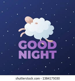 Vector modern night banner template. Trendy style poster about sleep, dream, isomnia, counting sheeps and baby sleep. Night illustration with jumping sheep on night background with stars and text.