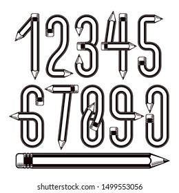 Vector modern numbers collection made with pencils, creative writing idea, best for use in logotype design for drawing art class.