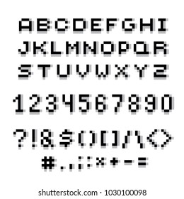 Vector modern numbers, letters and punctuation marks created in technology style. Geometric pixilated digits and font, 3d dotted 8 bit numeration from 0 to 9.
