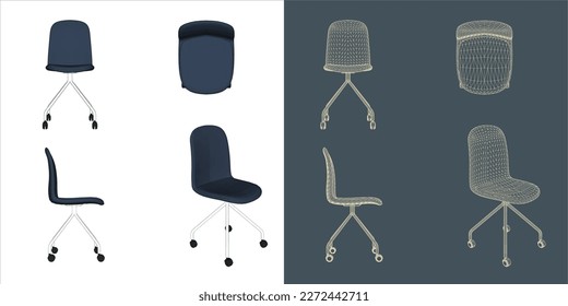 Vector modern Office chair ergonomic in various points of view. blue print isolated background