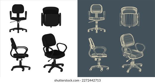 Vector modern Office chair ergonomic in various points of view. blue print isolated background