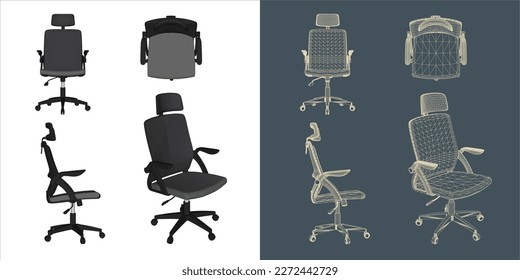 Vector modern Office chair ergonomic in various points of view. blue print isolated background