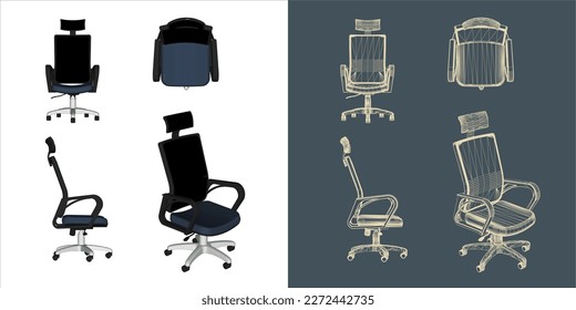 Vector modern Office chair ergonomic in various points of view. blue print isolated background