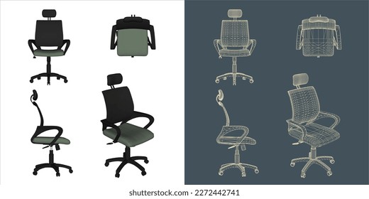 Vector modern Office chair ergonomic in various points of view. blue print isolated background
