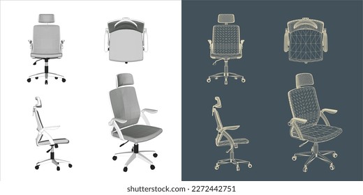 Vector modern Office chair ergonomic in various points of view. blue print isolated background