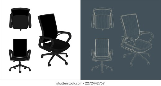 Vector modern Office chair ergonomic in various points of view. blue print isolated background