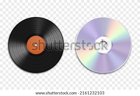 Vector modern and old disc on isolated transparent background. Realistic disc png. Vinyl record. CDs png.