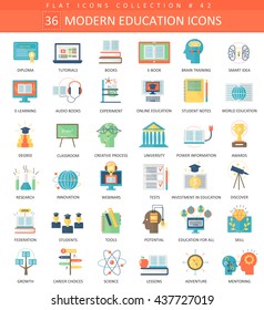 Vector Modern online education flat icon set. Elegant e-education icons for app and web.