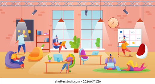 Vector Modern open office or coworking concept with young men, women rides scooter working typing at laptop lying at floor sitting in armchair relaxing near window, manage agile team near kanban board