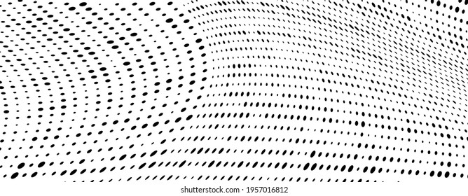 Vector modern optical texture of pop art. Abstract halftone wave dotted background. Futuristic twisted grunge pattern, dots, circles