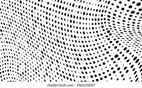 Vector modern optical texture of pop art. Abstract halftone wave dotted background. Futuristic twisted grunge pattern, dots, circles