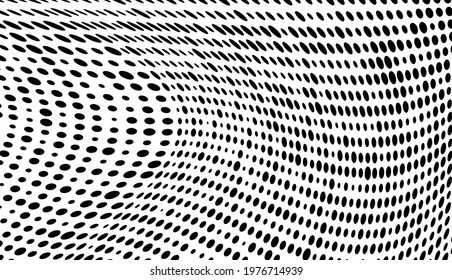 Vector modern optical texture of pop art. Abstract halftone wave dotted background. Futuristic twisted grunge pattern, dots, circles