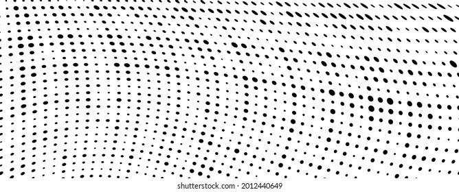 Vector modern optical texture of pop art. Abstract halftone wave dotted background. Futuristic twisted grunge pattern, dots, circles