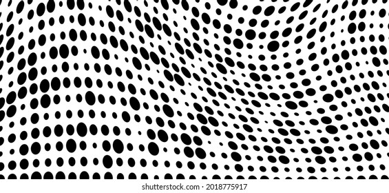 Vector modern optical texture of pop art. Abstract halftone wave dotted background. Futuristic twisted grunge pattern, dots, circles