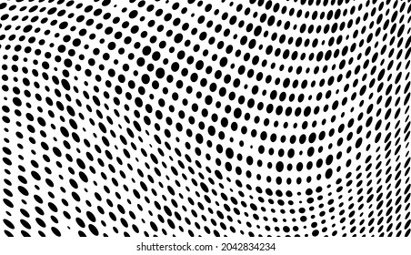 Vector modern optical texture of pop art. Abstract halftone wave dotted background. Futuristic twisted grunge pattern, dots, circles