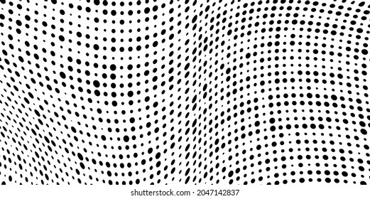 Vector modern optical texture of pop art. Abstract halftone wave dotted background. Futuristic twisted grunge pattern, dots, circles